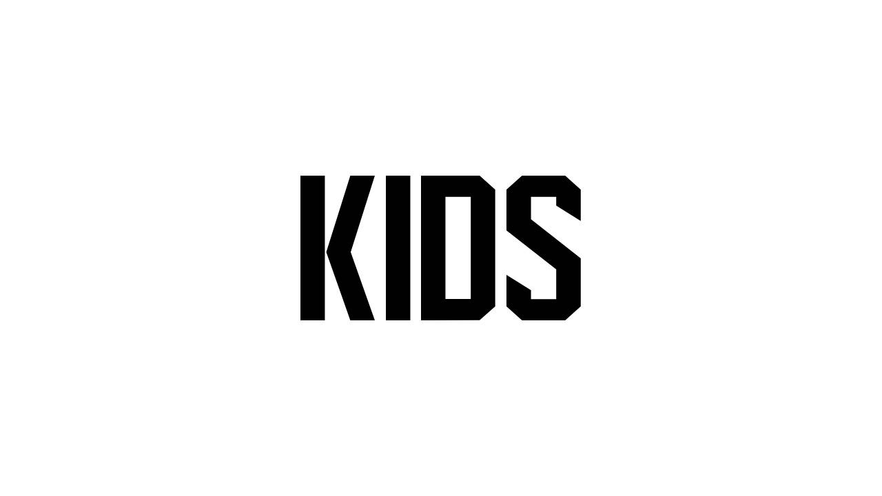 The word KIDS is written in bold, black, all-caps, block letters centered on a plain white background.