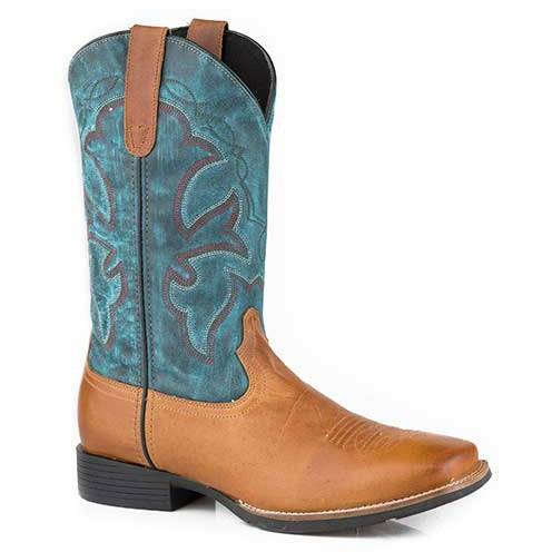Men's Roper Monterey Leather Boots tan handcrafted western style with blue leather shaft and flexible TPR bottom