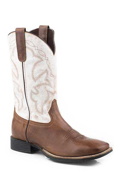 Men's Roper Monterey Leather Boots tan handcrafted square toe with western stitch design and 12-inch shaft