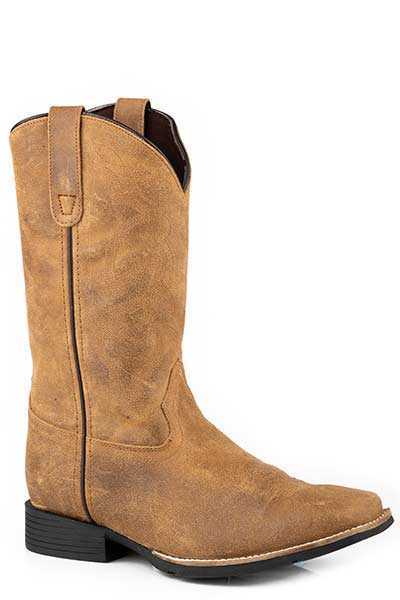 Men's Roper Monterey tan suede leather boots handcrafted with square toe and western stitch design