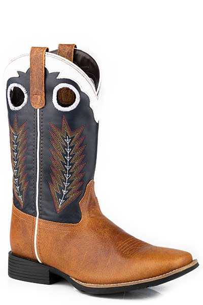 Men's Roper James Leather Boots handcrafted tan square toe with embroidered pull holes and feather western stitch design