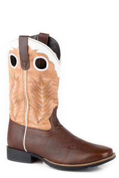 Men's Roper James leather boots brown with 12-inch shaft and feather western stitch design
