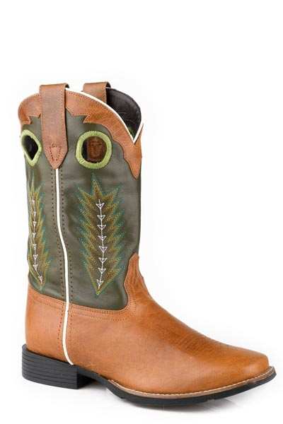 Men's Roper James leather boots with tan smooth vamp, green leather shaft, and feather western stitch design