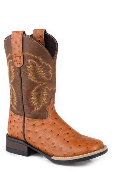 Men's Roper Garza Ostrich print boots in tan with embroidered shaft and square toe