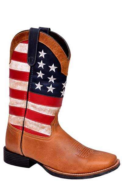 Men's Roper Patriotism leather boots tan with square toe and flag design on shaft
