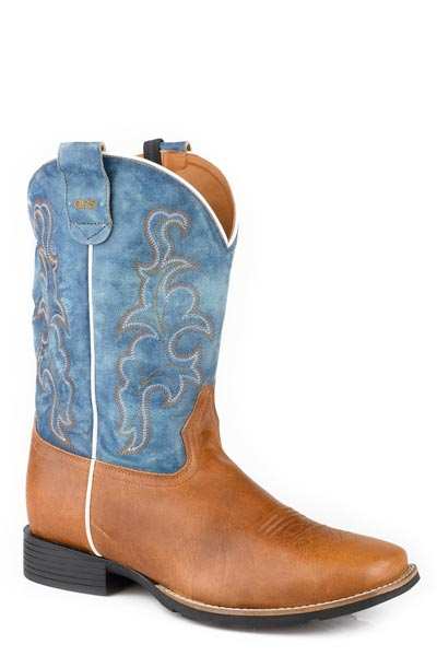 Men's Roper Trigger concealed carry tan leather boots with vintage blue shaft and western stitch design