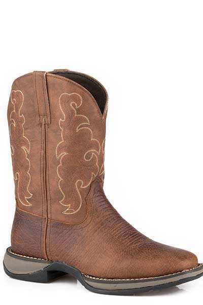 Men's Roper Wilder Leather Boots handcrafted cognac square toe with 11-inch pull-on shaft and durable rubber sole