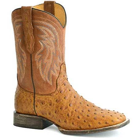 Men's Roper Oliver Ostrich Boots brown handcrafted square toe western style