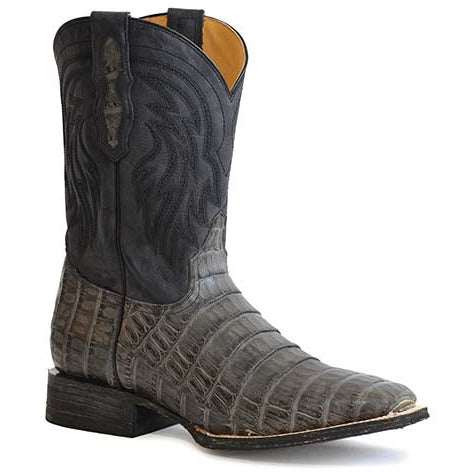 Men's Roper Cody Caiman Tail Boots handcrafted gray with square toe and burnish black leather shaft