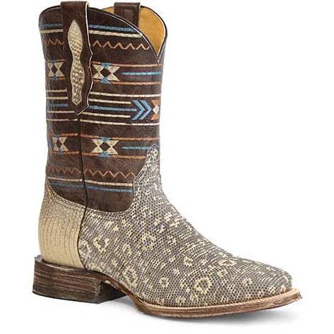 Men's Roper Ritch Lizard handcrafted tan western boots with square toe and Native Embroidery
