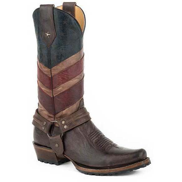 Men's Roper Old Glory Harness Biker Boots handcrafted brown leather with vintage American flag shaft and bandit toe