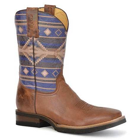 Men's Roper Aztek Geo Sole tan handcrafted leather boots with native design and square toe
