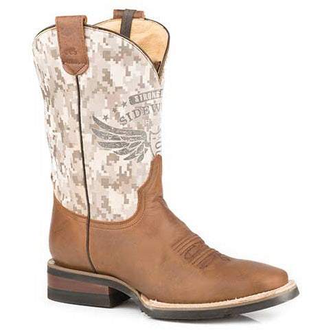 Men's Roper Out of Sight CCS Flextra tan leather boots with desert camo shaft and square toe