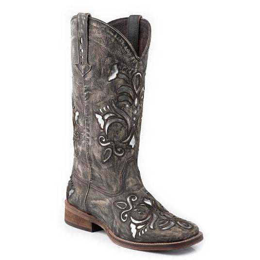 Women's Roper Belle Leather Boots brown handcrafted wide square toe with silver metallic accents and padded insole
