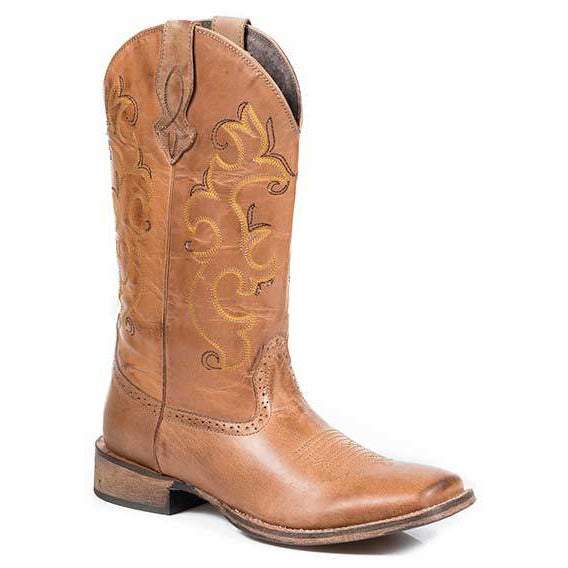 Women's Roper Lindsey Leather Boots tan handcrafted with wide square toe and padded insole