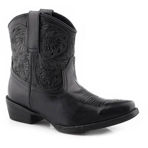 Women's Roper Dusty Tooled Ankle Leather Boots Handcrafted Black