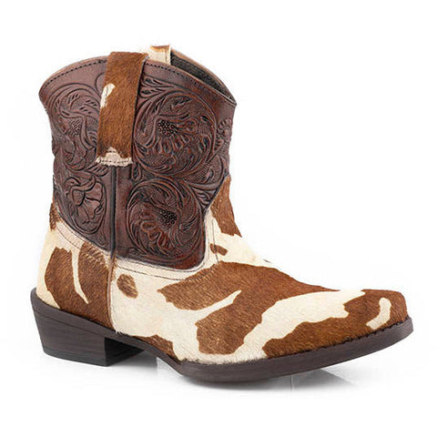 Women's Roper Dusty Tooled Ankle Leather Boots Handcrafted Brown