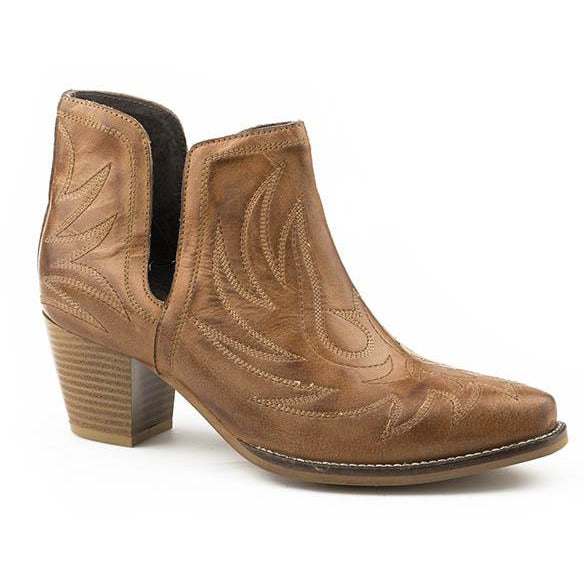 Women's Roper Rowdy leather boots in tan burnished leather with western stitch design and padded insole