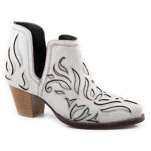 Women's Roper Rowdy Glitz white leather ankle boots with silver accents and snip toe