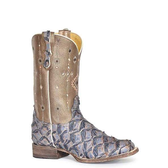 Women's Roper Big Fish metallic pirarucu leather boots with embossed design and square toe