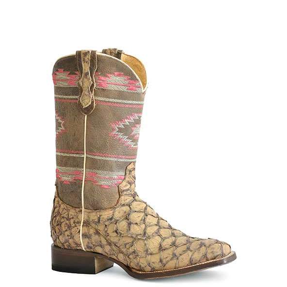 Women's Roper Big Fish tan handcrafted Aztec Pirarucu boots with square toe and leather sole
