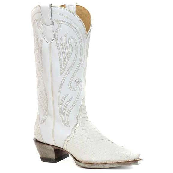 Women's Roper Oakley Python Boots handcrafted white leather western boots with snip toe and leather cowboy heel