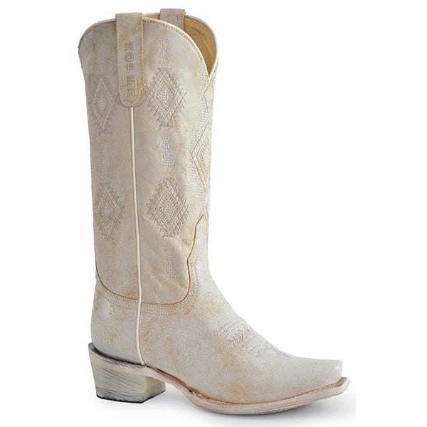 Women's Roper Aztec Leather Boots in vintage white with Aztec embroidery and snip toe design
