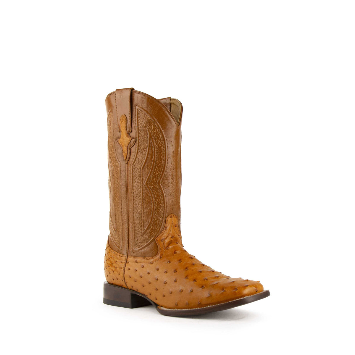 Men's Ferrini Colt handcrafted cognac full quill ostrich boots with square toe and 1 3/4" block heel