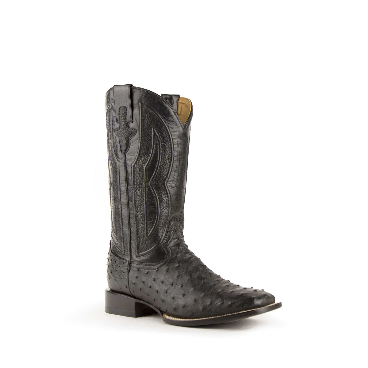 Men's black Ferrini Colt full quill ostrich boots handcrafted with square toe and leather outsole
