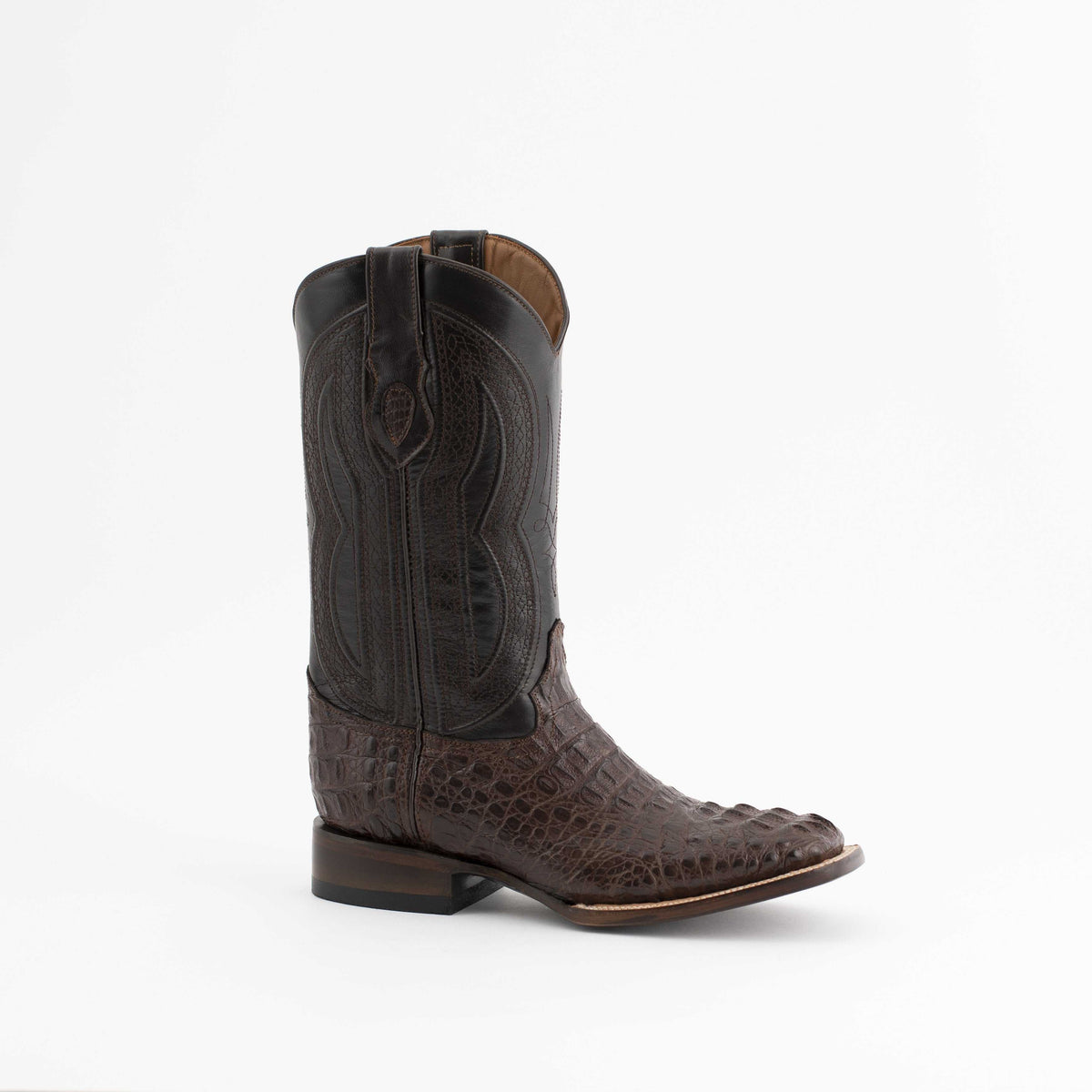Men's Ferrini Dakota Caiman Hornback Boots in chocolate with square toe and leather outsole