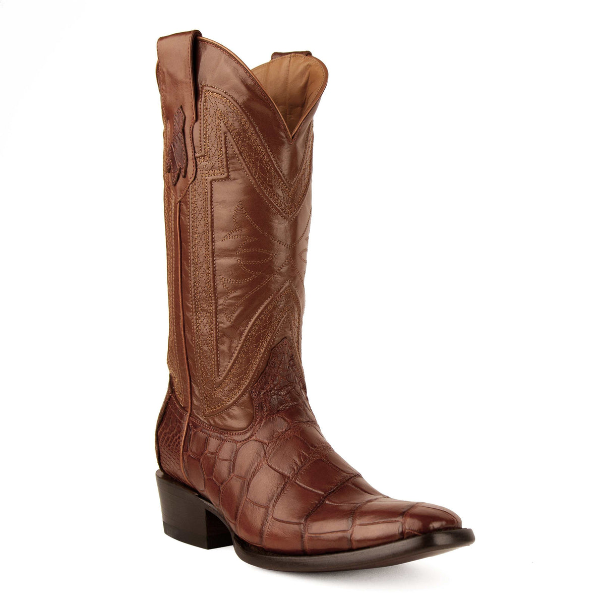 Men's Ferrini Stallion Alligator Belly Boots in cognac with 1.5" cowboy heel and French toe design