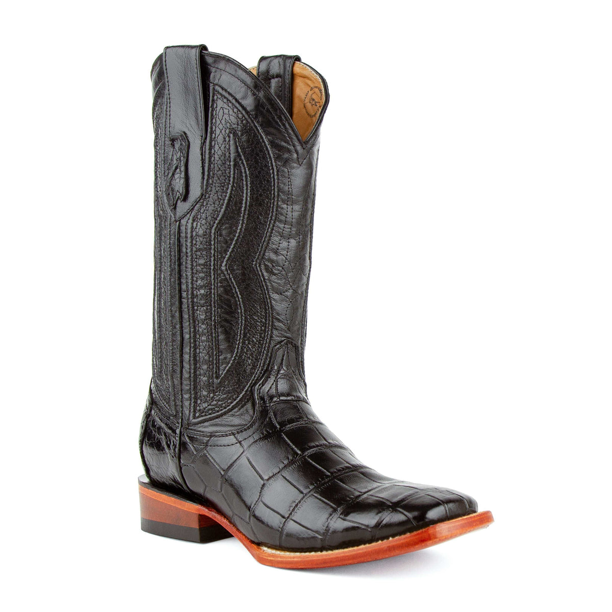 Black Ferrini Stallion Alligator Belly Boots with square toe and 1 3/4" block heel handcrafted for men