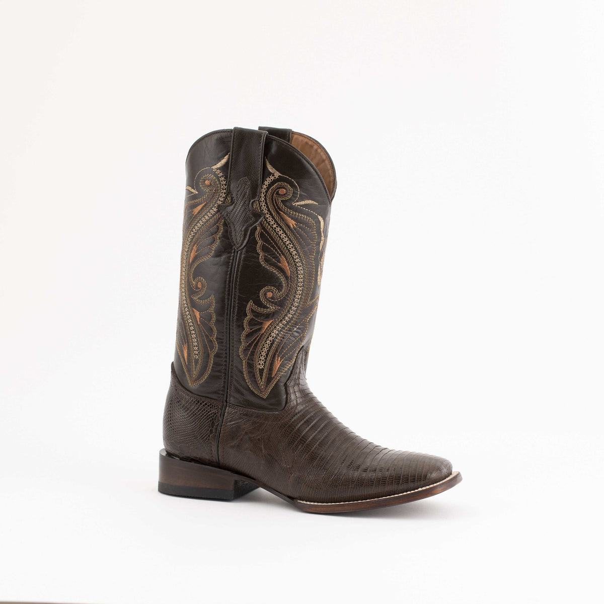 Men's Ferrini Taylor Teju Lizard Boots handcrafted brown leather square toe block heel