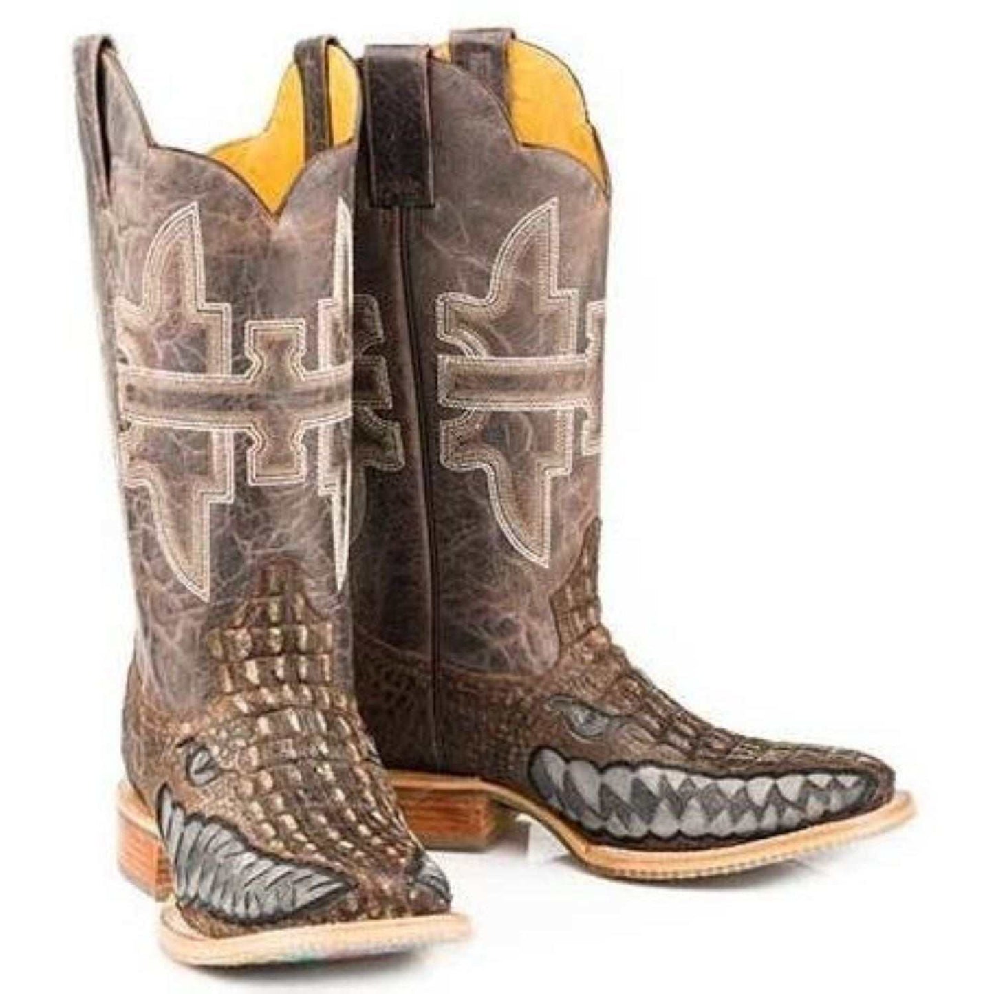 Men's Tin Haul Swamp Chomp Boots handmade brown leather with gator sole and caiman print