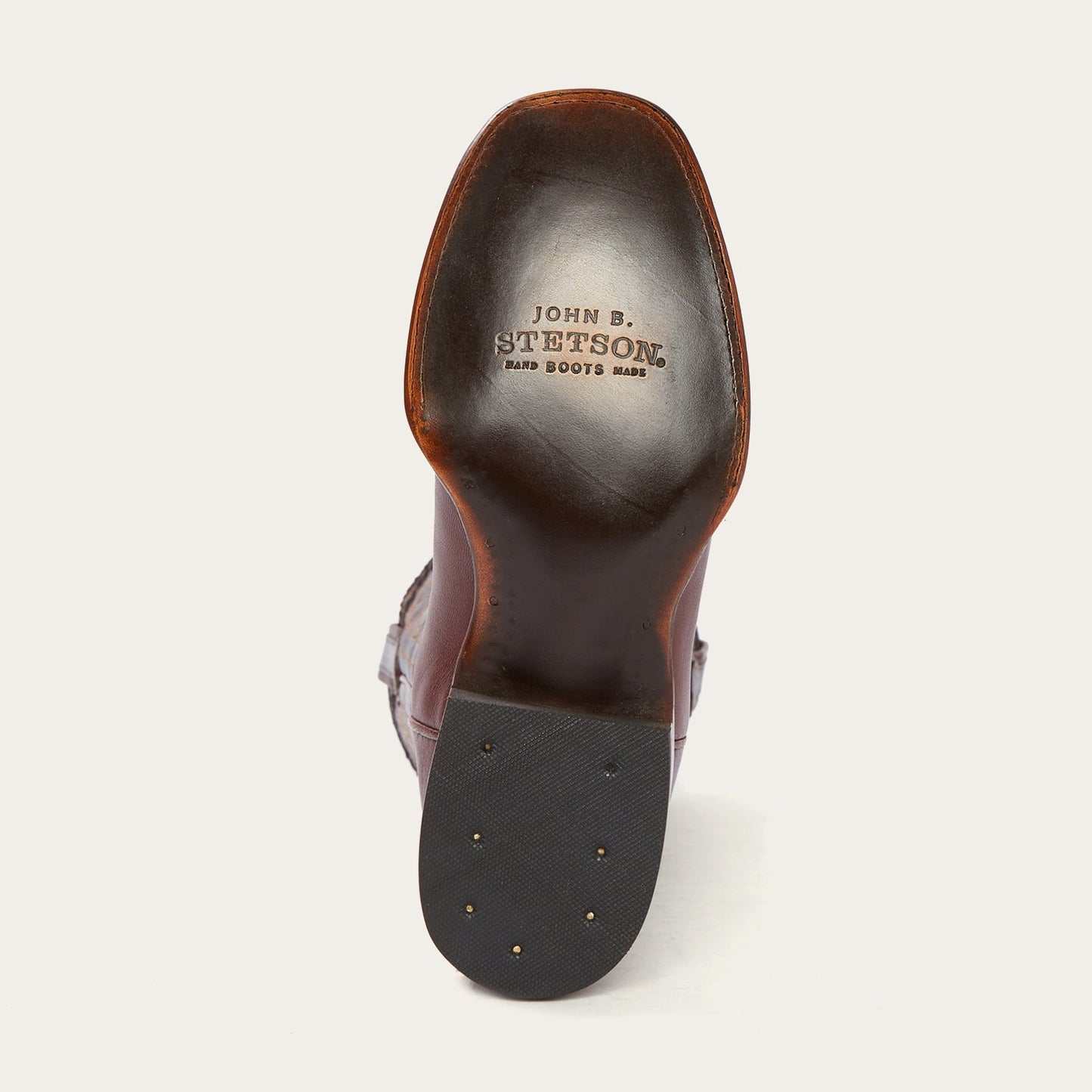 Men's Stetson Denver Boots handcrafted brown leather square toe with intricate stitching and leather sole