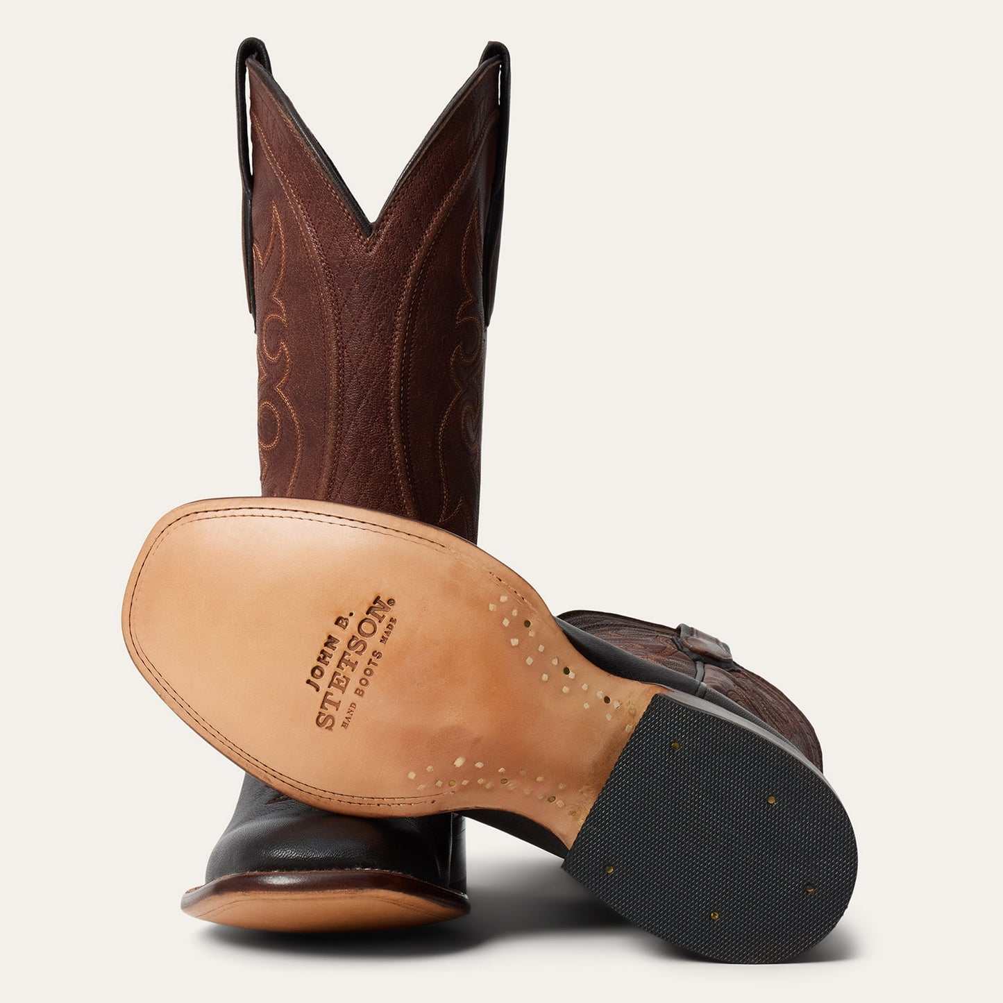 Men's Stetson Bridger handcrafted black goat leather boots with brown 13" shaft and intricate stitching