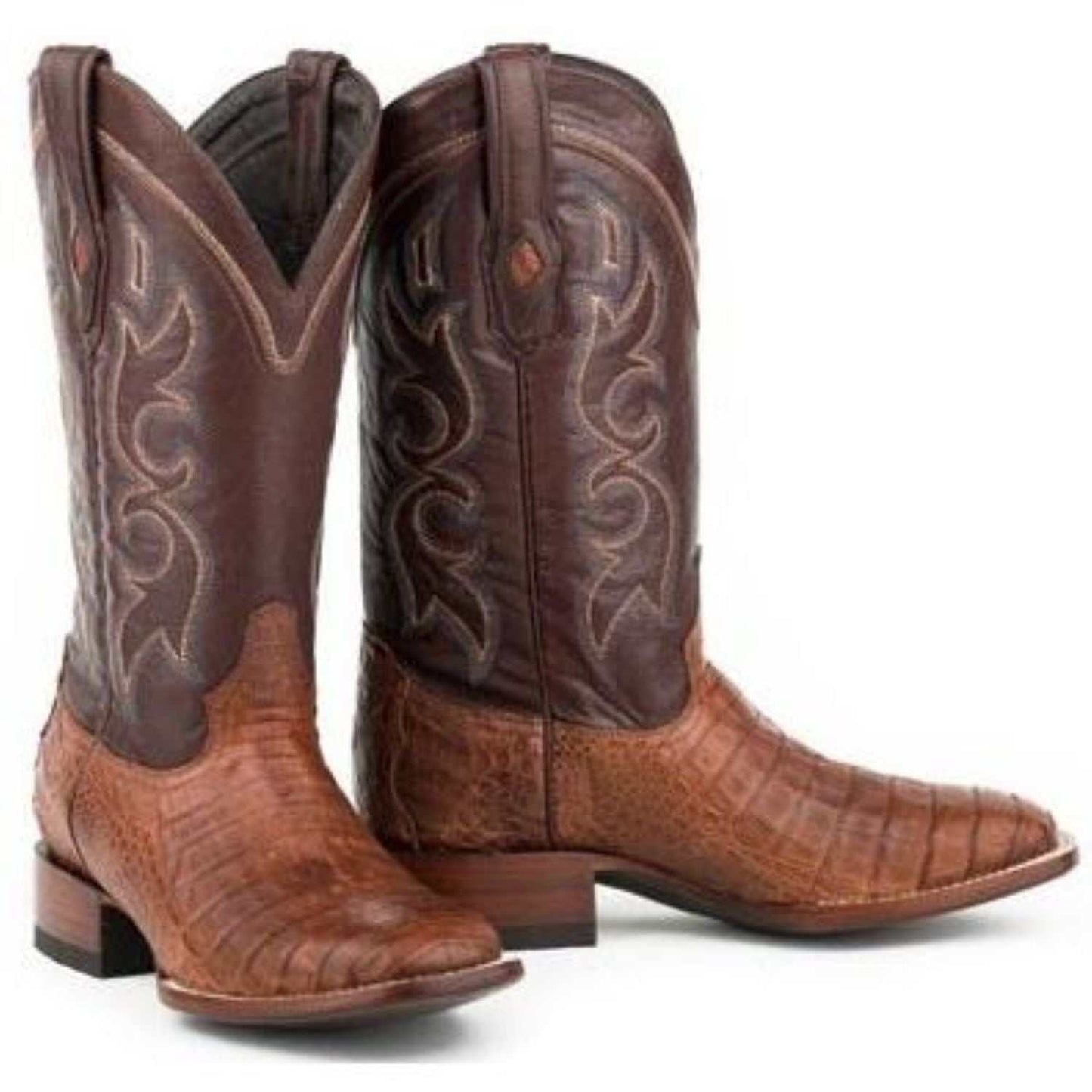Men's Stetson Branson Caiman Belly Boots handcrafted cognac leather square toe