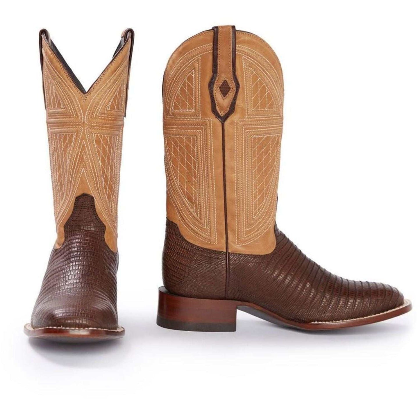 Men's Stetson Lizard Boots handcrafted brown leather with tan oiled 13" shaft and intricate stitching