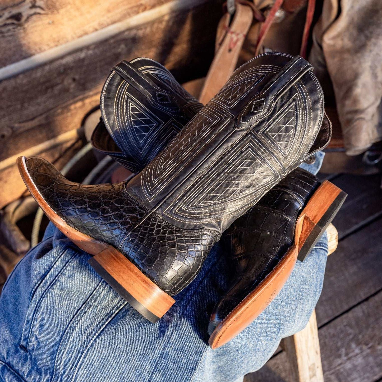 Men's Stetson Black Falls Alligator Boots with blue 13" shaft and handcrafted leather construction