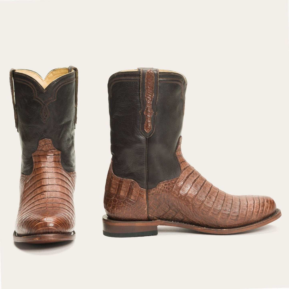 Men's Stetson Puncher Exotic Caiman Boots handcrafted brown leather with 9-inch shaft and round toe