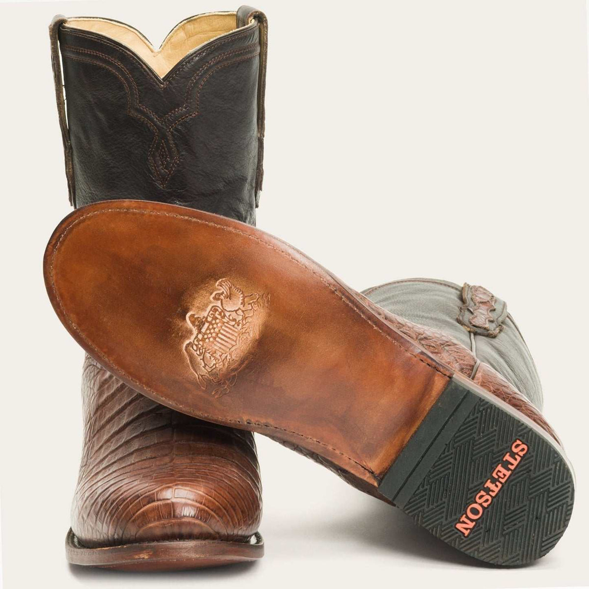 Men's Stetson Puncher Exotic Caiman Boots handcrafted brown with 9-inch shaft and round toe
