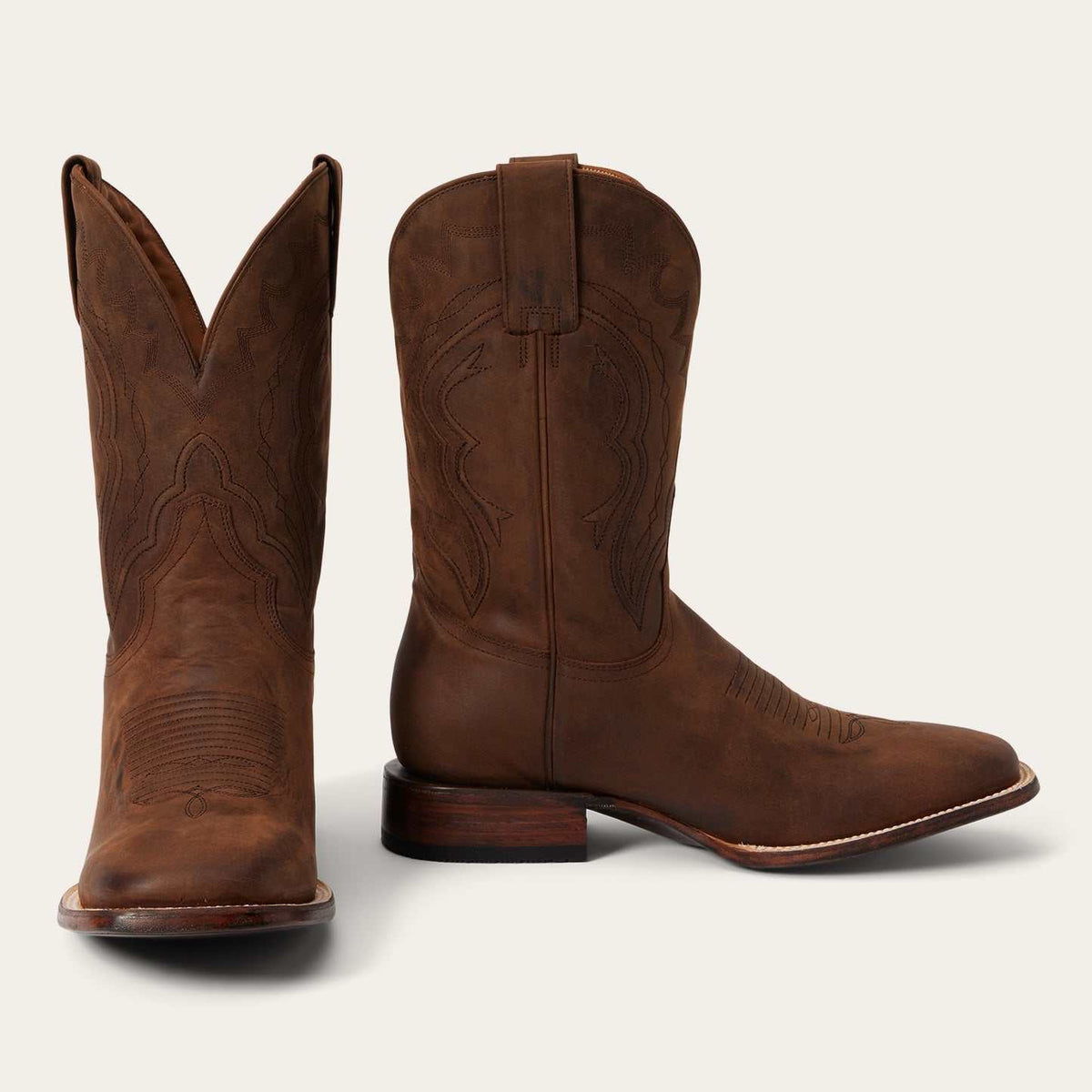 Men's Stetson Bowie Leather Boots handcrafted square toe brown with distressed cowhide and 11-inch shaft