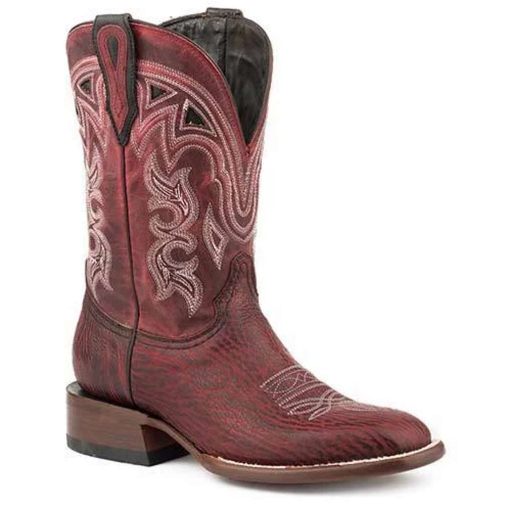 Women's Stetson Meadow Cherry red shark leather boots with 11-inch calf shaft and intricate stitching