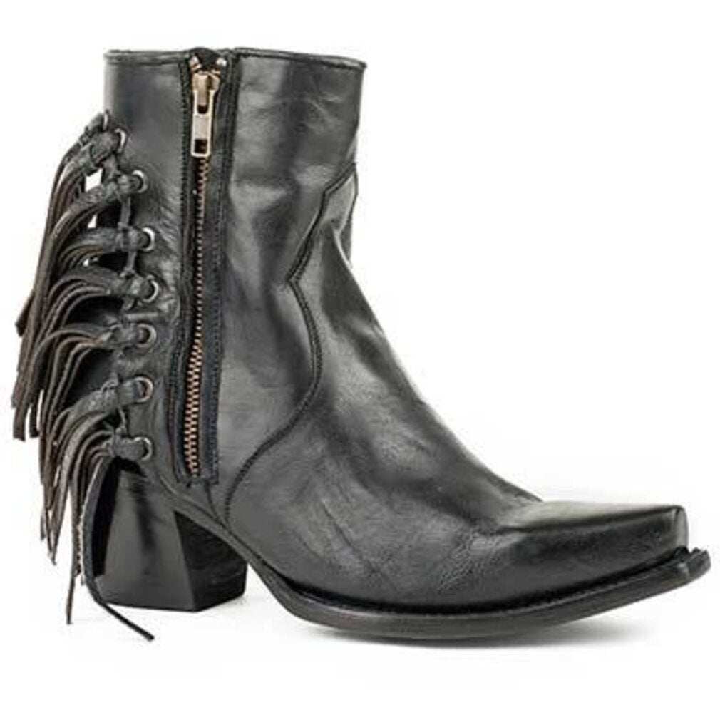 Women's Stetson Evie black leather boots with 7" shaft and fringe detailing