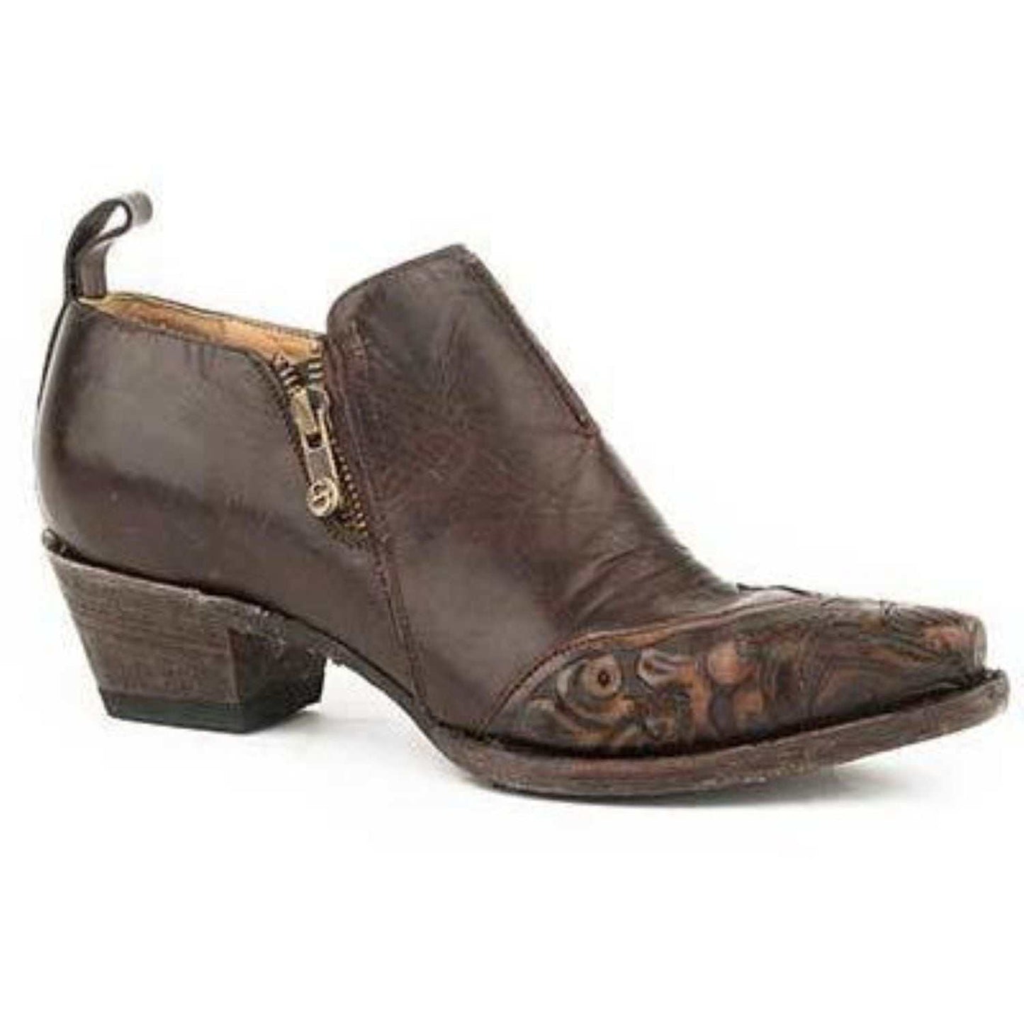 Women's Stetson Phoebe handcrafted brown leather boots with wingtip detailing and stacked heel