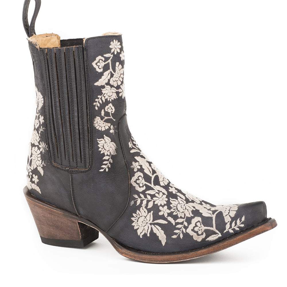Women's Stetson Cordelia black leather cowboy boots with floral embroidery and stacked heel