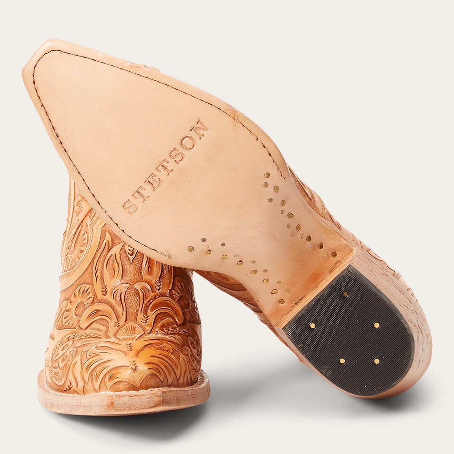 Women's Stetson Aviana leather boots tan handcrafted with unique hand-tooled design and stacked heel