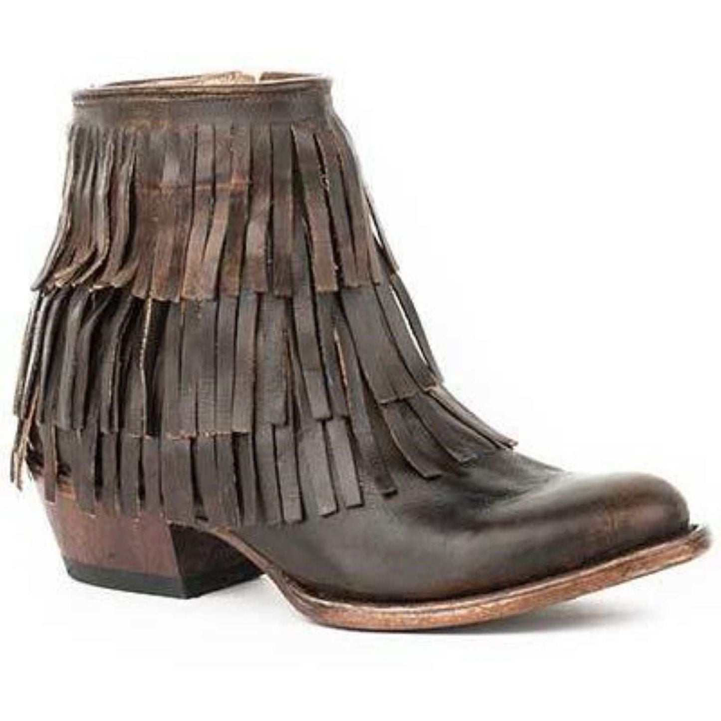 Women's Stetson Maggie handcrafted brown leather boots with fringe shaft and cushioned insole