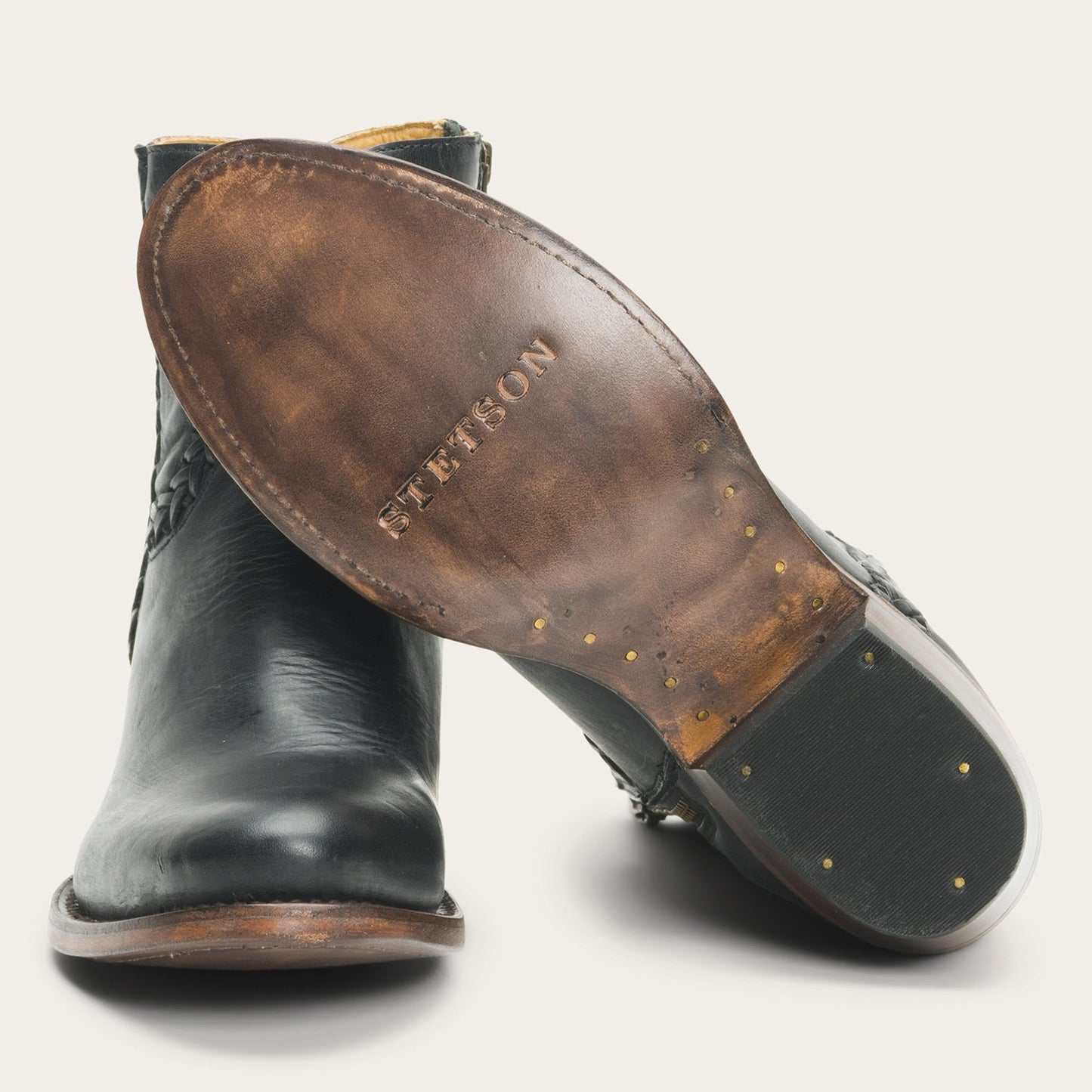 Women's Stetson Pixie black leather boots with contrast braiding and stacked heel handcrafted