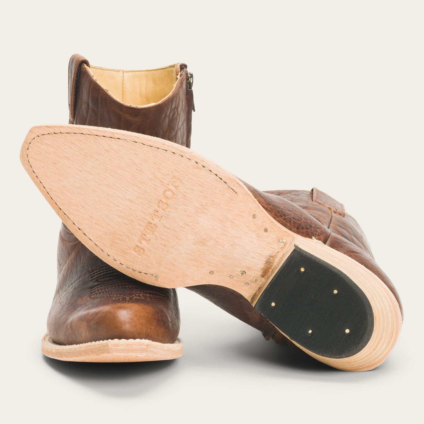 Women's Stetson Toni Bison Leather Boots handcrafted brown with vintage distressed finish and cushioned insole